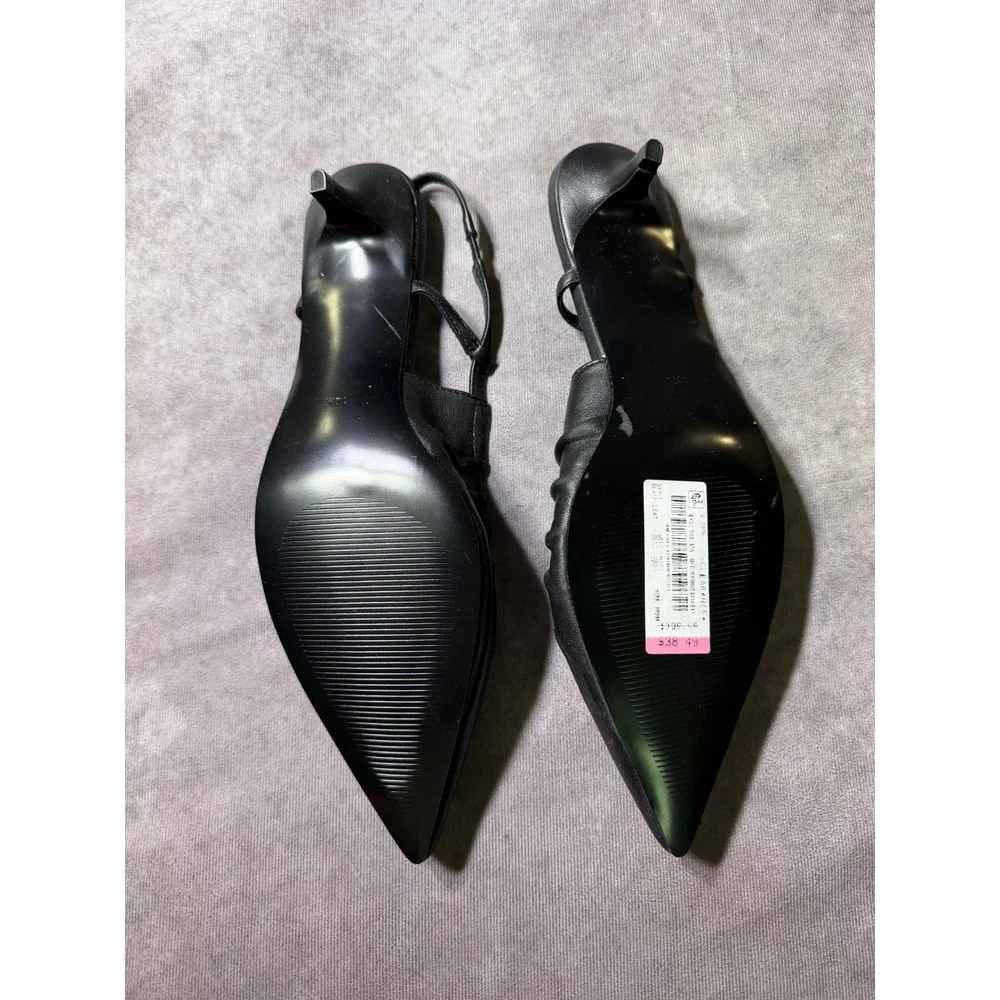 Steve Madden Earnest-R Black Leather Pleated Pointed Toe Slingback Kitten Heels